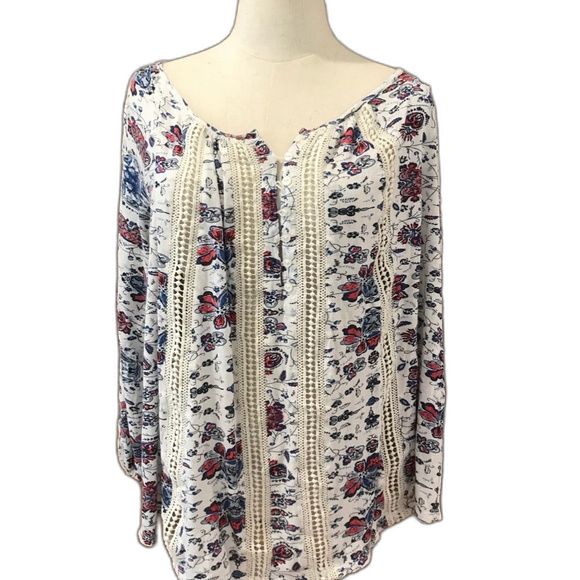 Lucky Brand Blue Floral Peasant Top Xs Oversized Boho Crochet New